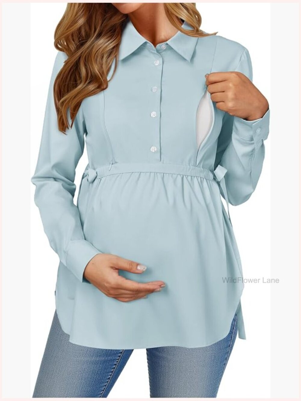 Maternity Nursing Blouse Long Sleeve Belted Hidden Zippers Button Down Work
